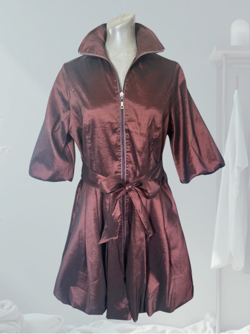 Red Coral Brown Bronze Shimmer Zip-Front Jacket Dress with Tie Waist